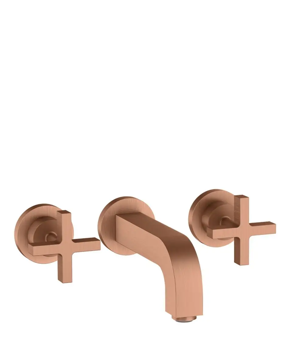 Waschtischarmatur mit zwei Kreuzgriffen und einem gebogenen Auslauf. Montagesystem für die Wand, gefertigt von AXOR in gebürstetem Rotgold.